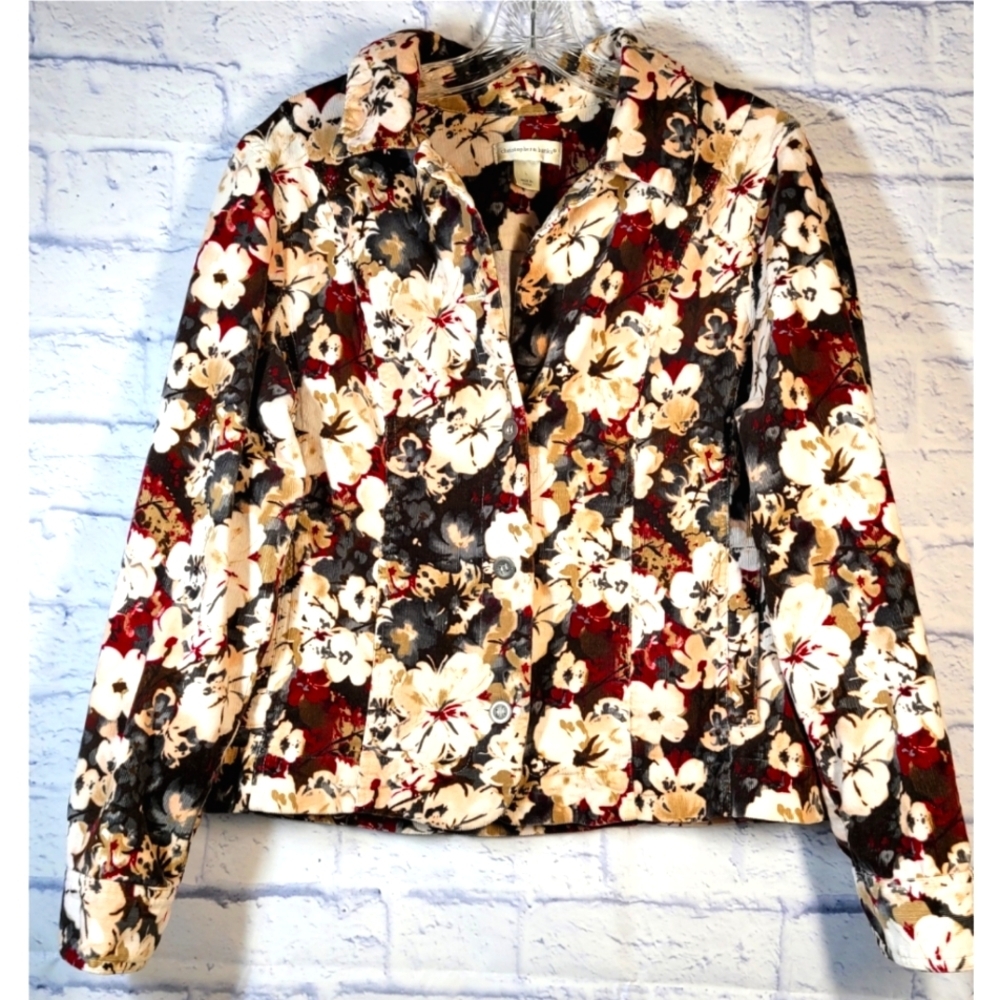Christopher & Banks Jacket Buttonup Multicolor Floral Corduroy Size L Pockets